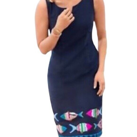 Talbots Dresses & Skirts - Talbots Navy Blue Sleeveless Sheath Dress Embroidered Fish Accents Women’s 8